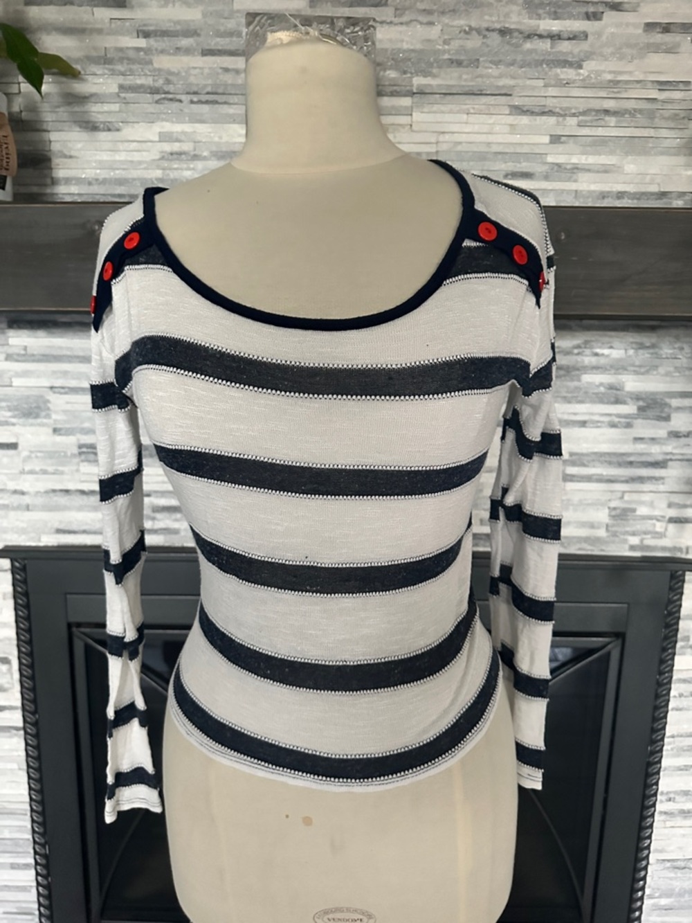 Striped Knit Long Sleeve Top with Red Button Accents